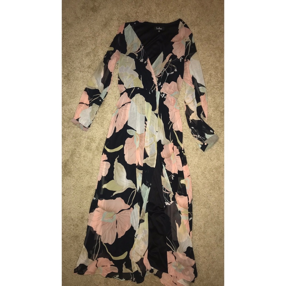 Long, floral dress.
